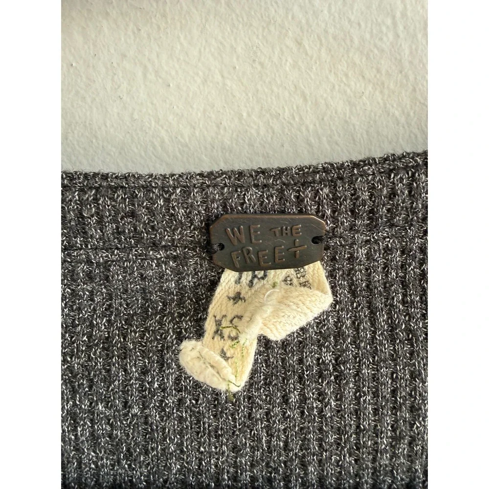 Free People We The Free Grey Waffle Knit Patchwork Paisley Sleeve Thermal Top XS